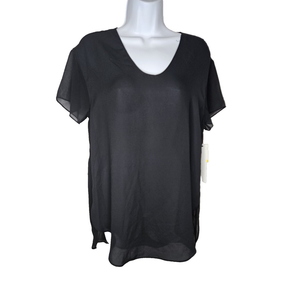 Calvin Klein Jeans Sheer Chiffon Top Black‎ Short Sleeve NWT Women's Size M